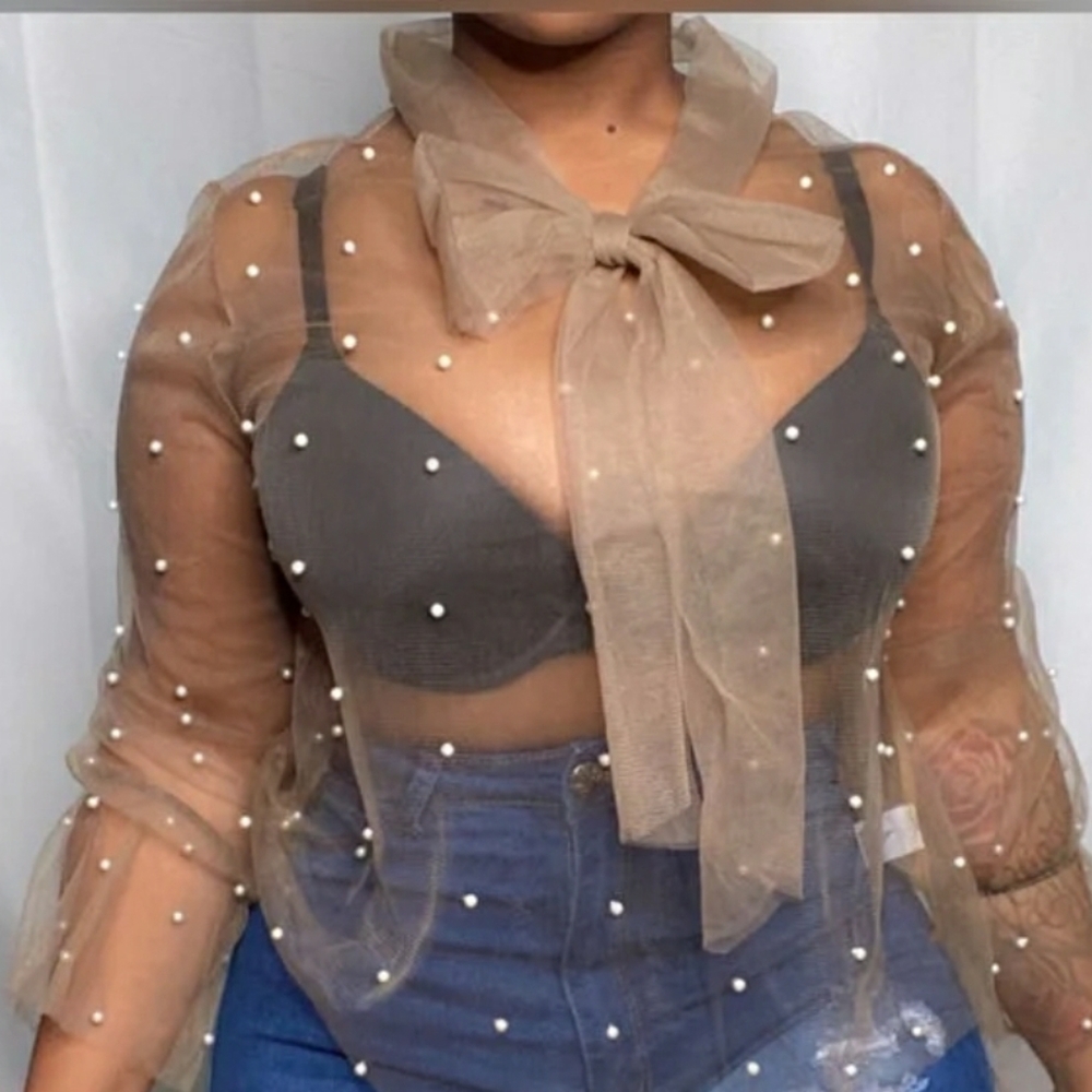 Pearl Accent Necktie Top (Mesh)